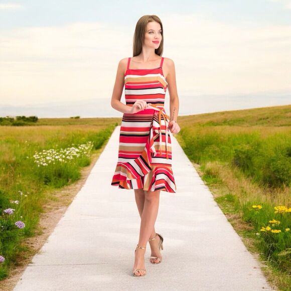 Nicole Miller Studio Size 12 Retro Stripe Fit Flare Dress Pink Orange Cream - Picture 2 of 8